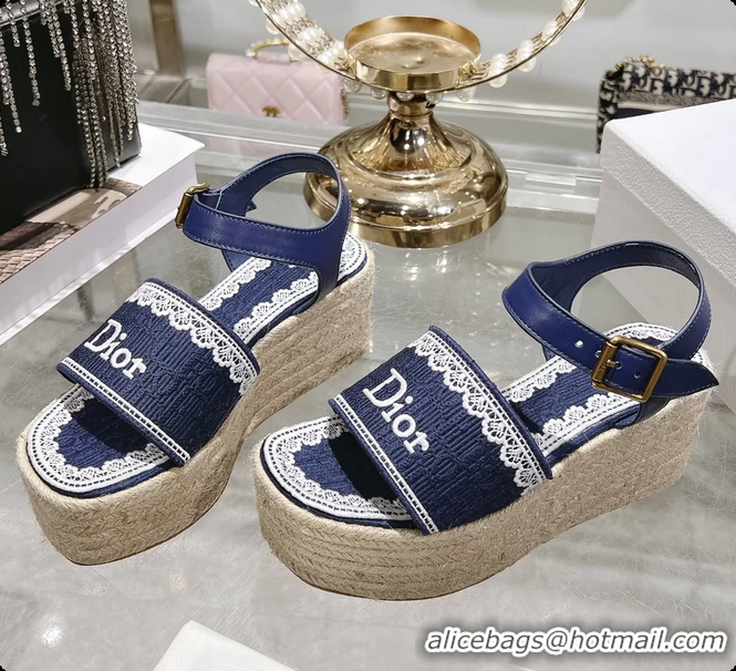 Sophisticated Dior Dentelle Wedge Sandal Navy Blue Dior Oblique Embroidered Cotton and White Lace 6062807