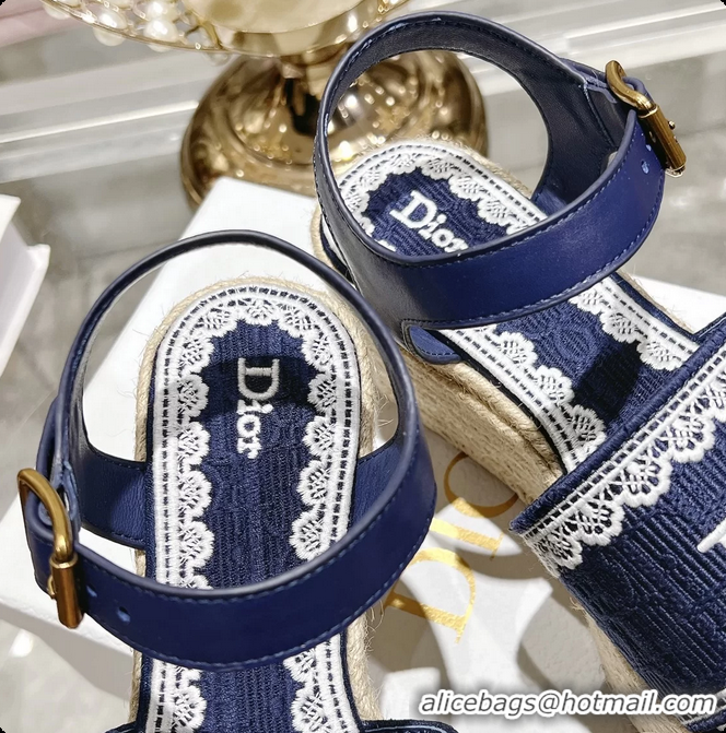 Sophisticated Dior Dentelle Wedge Sandal Navy Blue Dior Oblique Embroidered Cotton and White Lace 6062807