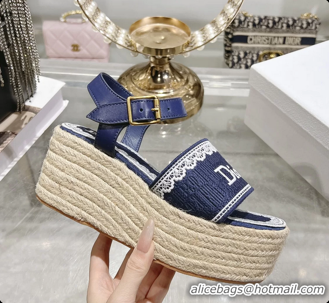 Sophisticated Dior Dentelle Wedge Sandal Navy Blue Dior Oblique Embroidered Cotton and White Lace 6062807