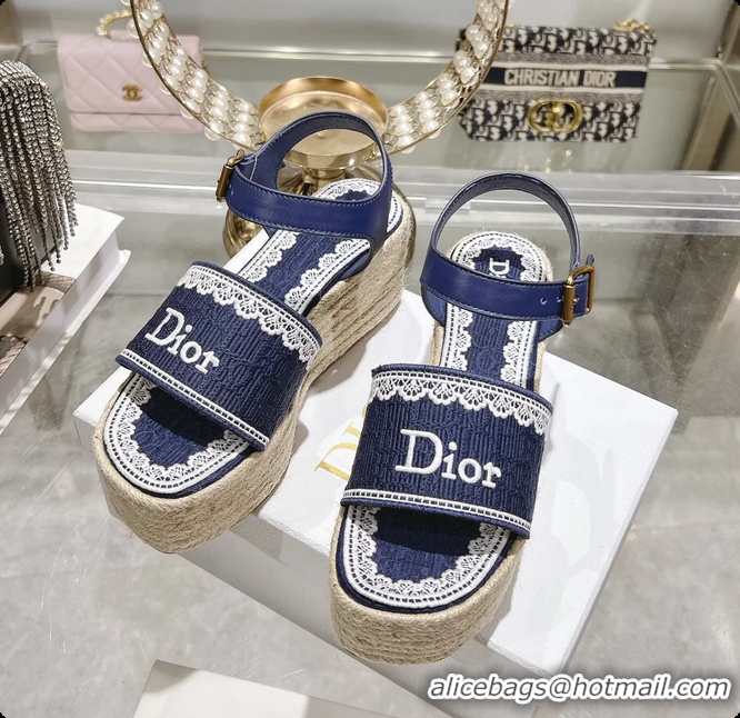 Sophisticated Dior Dentelle Wedge Sandal Navy Blue Dior Oblique Embroidered Cotton and White Lace 6062807