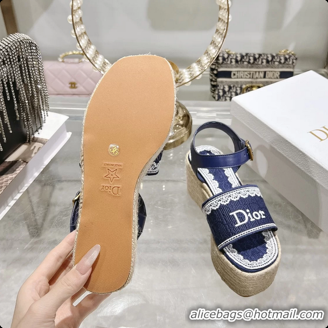 Sophisticated Dior Dentelle Wedge Sandal Navy Blue Dior Oblique Embroidered Cotton and White Lace 6062807