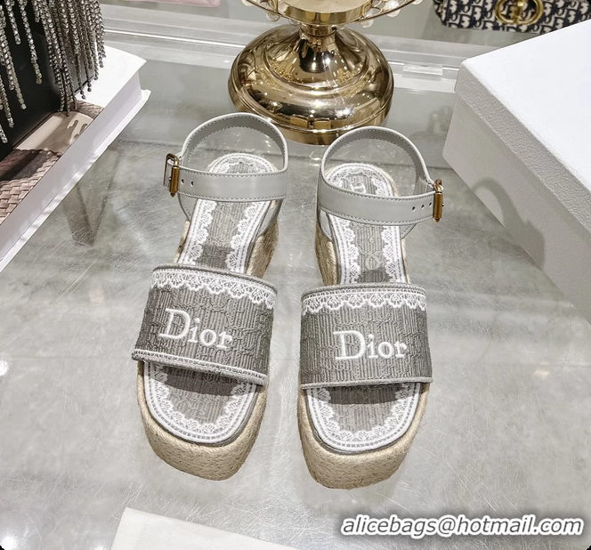 Good Product Dior Dentelle Wedge Sandal Gray Dior Oblique Embroidered Cotton and White Lace 6062807