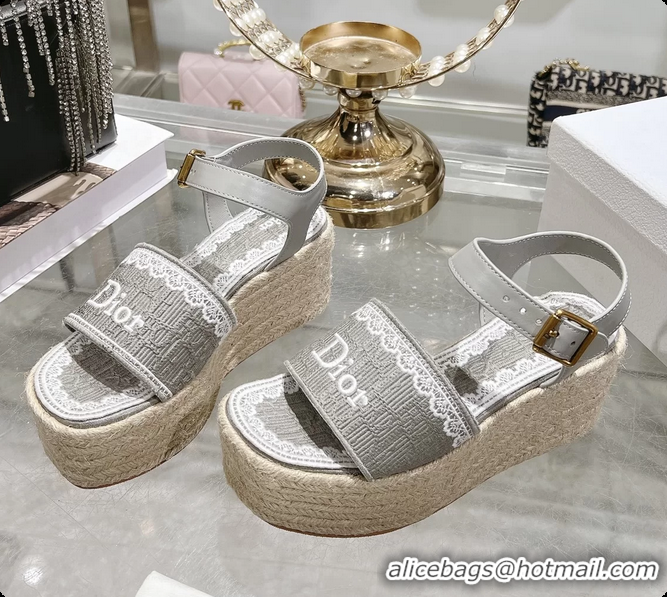 Good Product Dior Dentelle Wedge Sandal Gray Dior Oblique Embroidered Cotton and White Lace 6062807