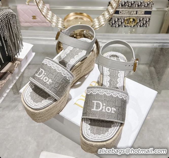 Good Product Dior Dentelle Wedge Sandal Gray Dior Oblique Embroidered Cotton and White Lace 6062807