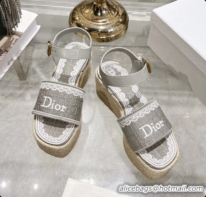 Good Product Dior Dentelle Wedge Sandal Gray Dior Oblique Embroidered Cotton and White Lace 6062807
