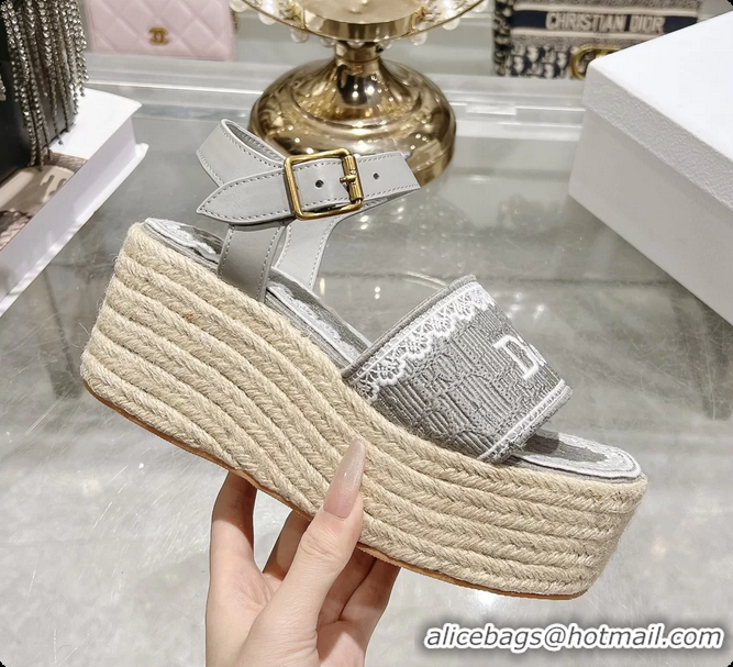 Good Product Dior Dentelle Wedge Sandal Gray Dior Oblique Embroidered Cotton and White Lace 6062807