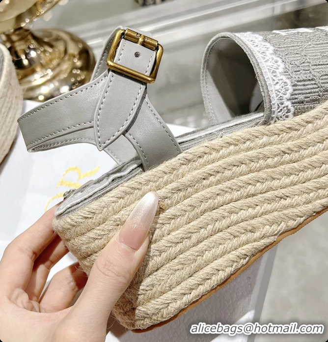 Good Product Dior Dentelle Wedge Sandal Gray Dior Oblique Embroidered Cotton and White Lace 6062807