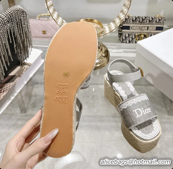 Good Product Dior Dentelle Wedge Sandal Gray Dior Oblique Embroidered Cotton and White Lace 6062807