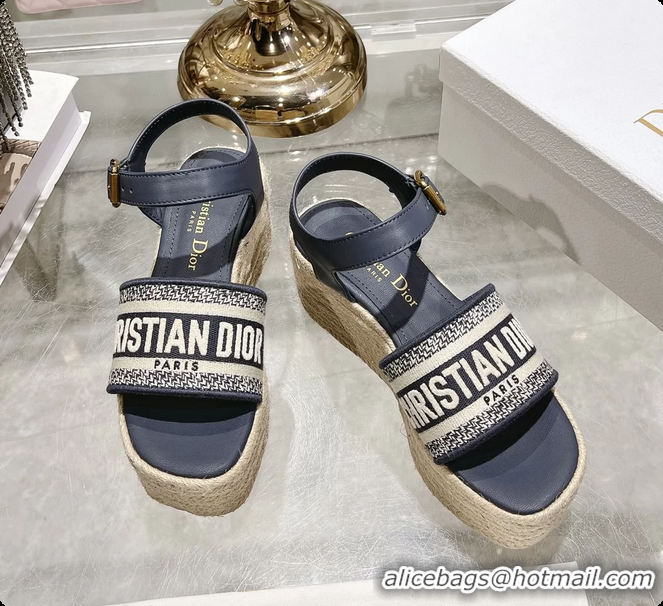 Trendy Design Dior Dway Wedge Sandal Navy Blue Calfskin and Dior Oblique Embroidered Cotton 6062807