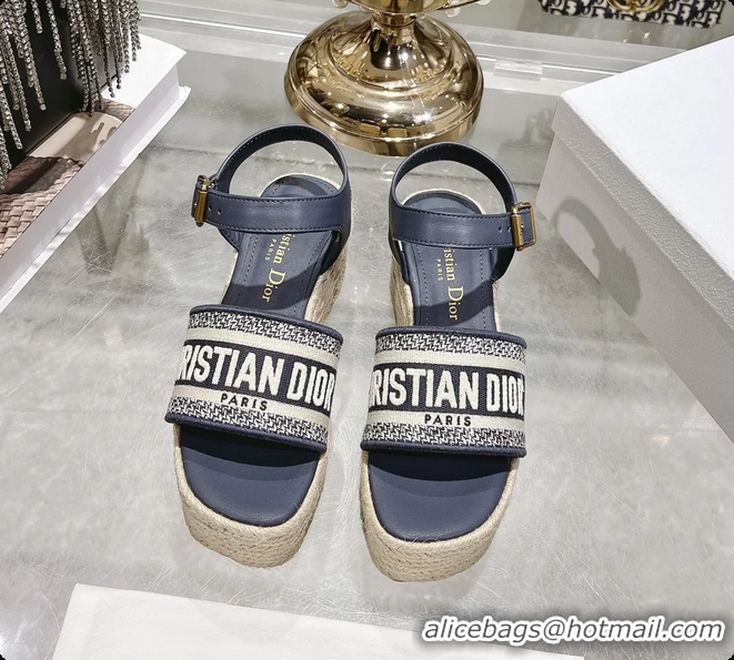 Trendy Design Dior Dway Wedge Sandal Navy Blue Calfskin and Dior Oblique Embroidered Cotton 6062807