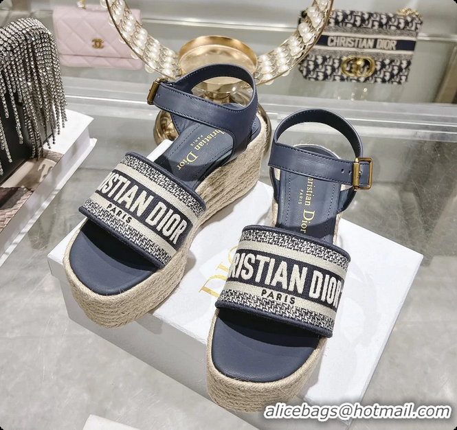 Trendy Design Dior Dway Wedge Sandal Navy Blue Calfskin and Dior Oblique Embroidered Cotton 6062807