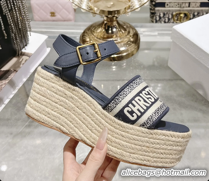 Trendy Design Dior Dway Wedge Sandal Navy Blue Calfskin and Dior Oblique Embroidered Cotton 6062807