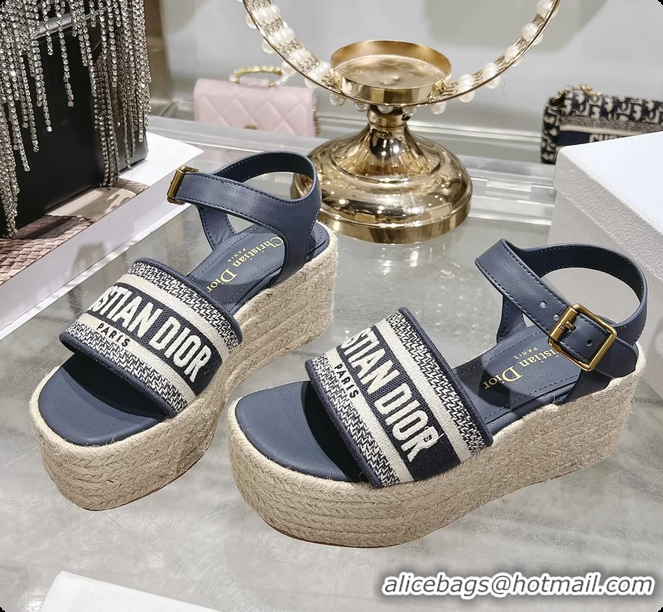 Trendy Design Dior Dway Wedge Sandal Navy Blue Calfskin and Dior Oblique Embroidered Cotton 6062807