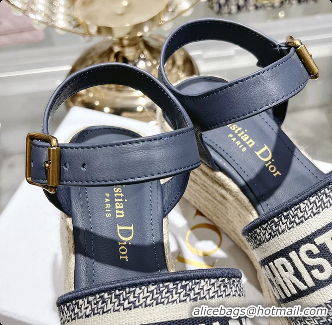 Trendy Design Dior Dway Wedge Sandal Navy Blue Calfskin and Dior Oblique Embroidered Cotton 6062807