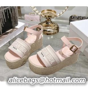 Stylish Dior Dway Wedge Sandal Light Pink Calfskin and Dior Oblique Embroidered Cotton 6062807