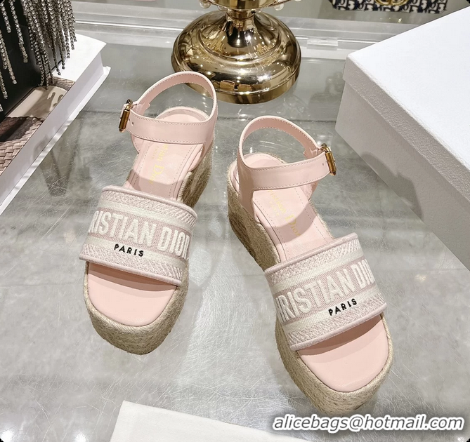 Stylish Dior Dway Wedge Sandal Light Pink Calfskin and Dior Oblique Embroidered Cotton 6062807