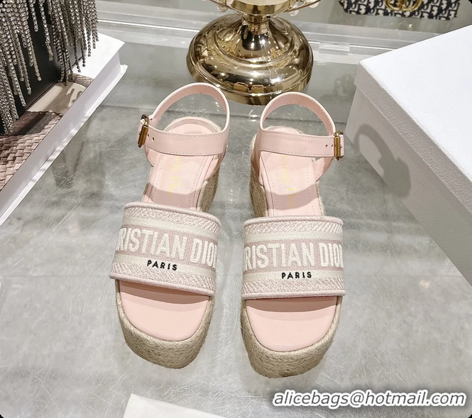 Stylish Dior Dway Wedge Sandal Light Pink Calfskin and Dior Oblique Embroidered Cotton 6062807