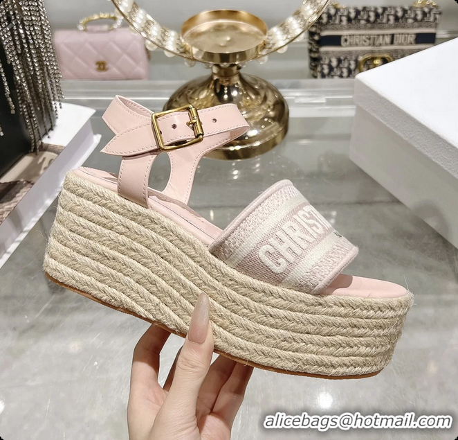 Stylish Dior Dway Wedge Sandal Light Pink Calfskin and Dior Oblique Embroidered Cotton 6062807