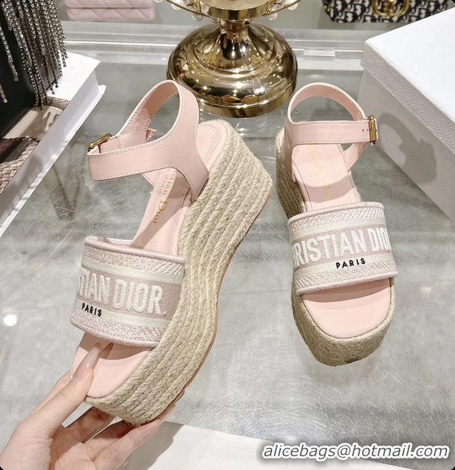 Stylish Dior Dway Wedge Sandal Light Pink Calfskin and Dior Oblique Embroidered Cotton 6062807