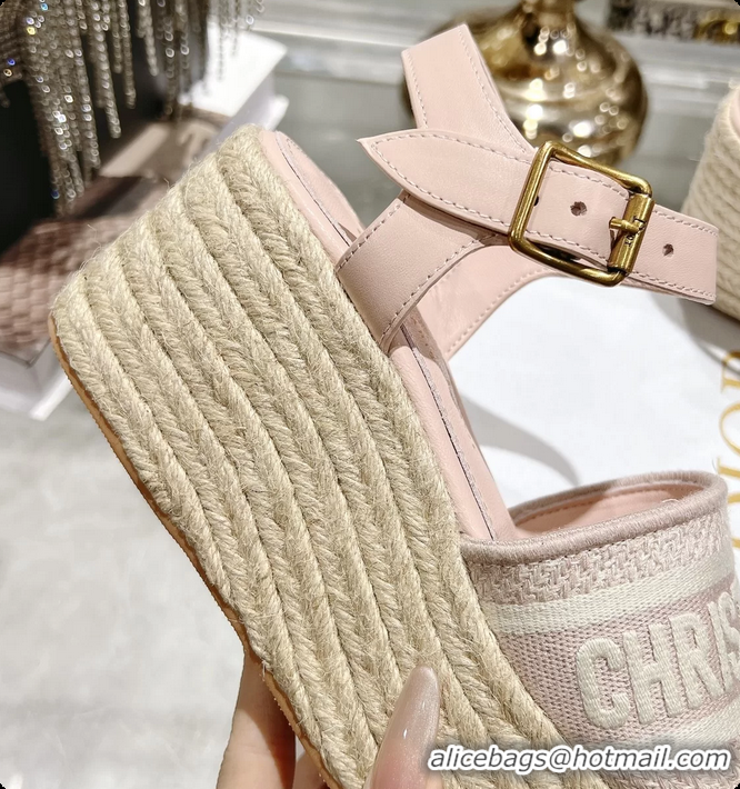 Stylish Dior Dway Wedge Sandal Light Pink Calfskin and Dior Oblique Embroidered Cotton 6062807