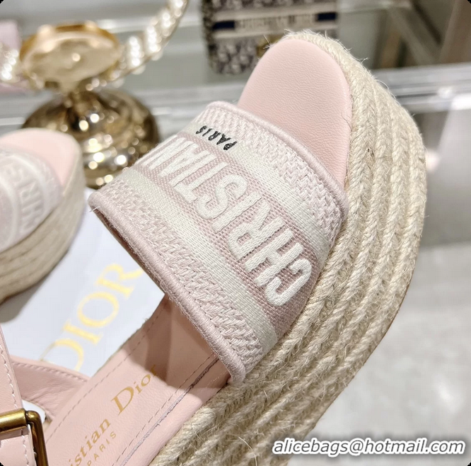 Stylish Dior Dway Wedge Sandal Light Pink Calfskin and Dior Oblique Embroidered Cotton 6062807