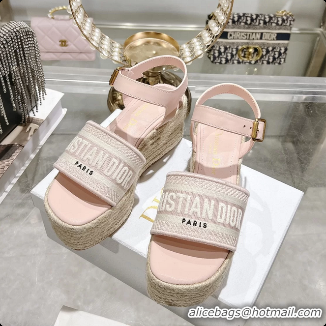 Stylish Dior Dway Wedge Sandal Light Pink Calfskin and Dior Oblique Embroidered Cotton 6062807