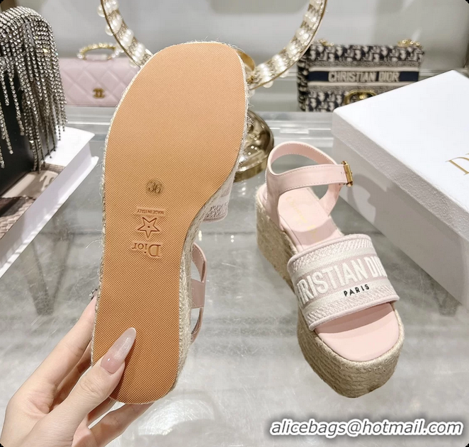 Stylish Dior Dway Wedge Sandal Light Pink Calfskin and Dior Oblique Embroidered Cotton 6062807