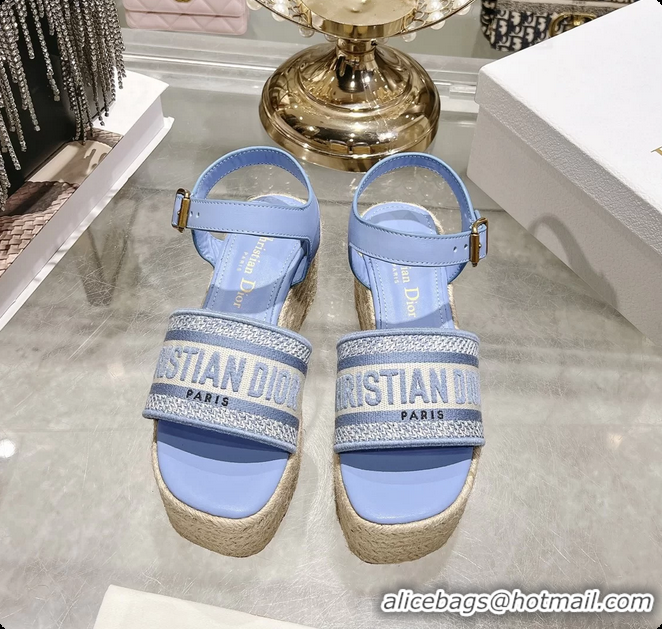 Hot Style Dior Dway Wedge Sandal Light Blue Calfskin and Dior Oblique Embroidered Cotton 6062807