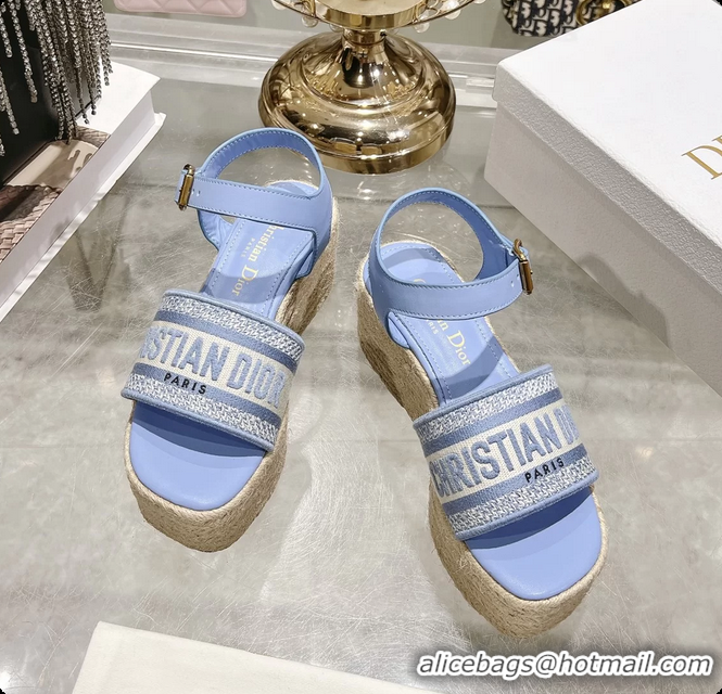 Hot Style Dior Dway Wedge Sandal Light Blue Calfskin and Dior Oblique Embroidered Cotton 6062807
