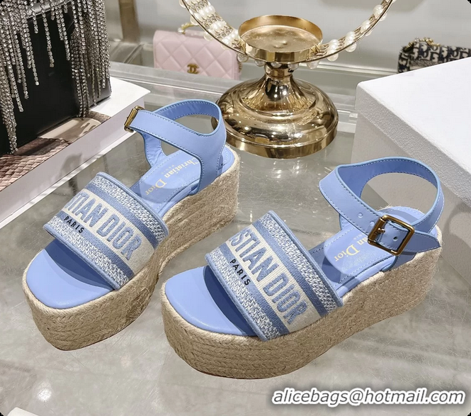 Hot Style Dior Dway Wedge Sandal Light Blue Calfskin and Dior Oblique Embroidered Cotton 6062807