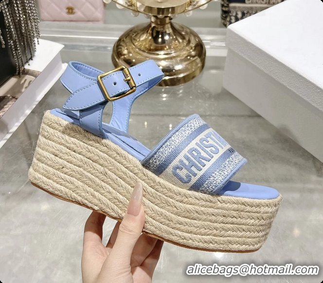 Hot Style Dior Dway Wedge Sandal Light Blue Calfskin and Dior Oblique Embroidered Cotton 6062807