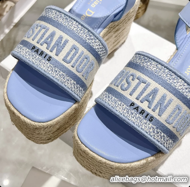 Hot Style Dior Dway Wedge Sandal Light Blue Calfskin and Dior Oblique Embroidered Cotton 6062807