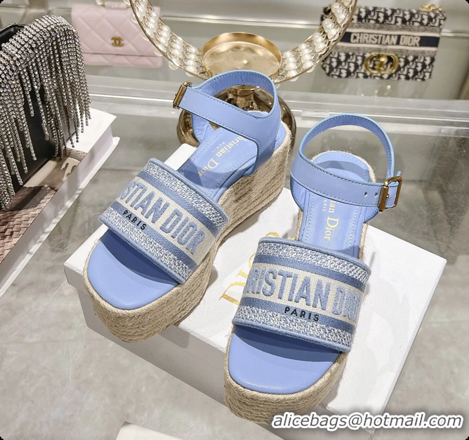 Hot Style Dior Dway Wedge Sandal Light Blue Calfskin and Dior Oblique Embroidered Cotton 6062807