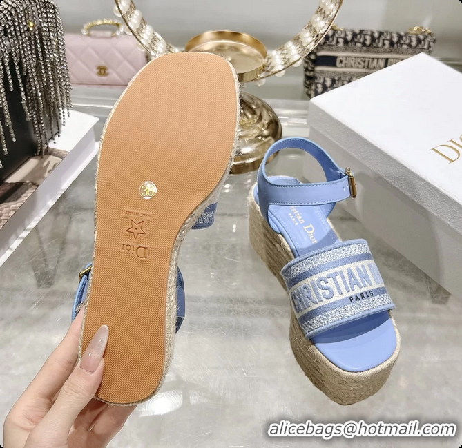 Hot Style Dior Dway Wedge Sandal Light Blue Calfskin and Dior Oblique Embroidered Cotton 6062807