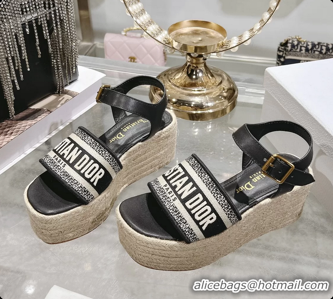 Perfect Dior Dway Wedge Sandal Black Calfskin and Dior Oblique Embroidered Cotton 6062807