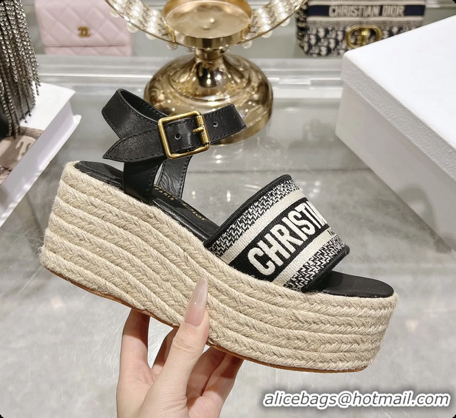 Perfect Dior Dway Wedge Sandal Black Calfskin and Dior Oblique Embroidered Cotton 6062807