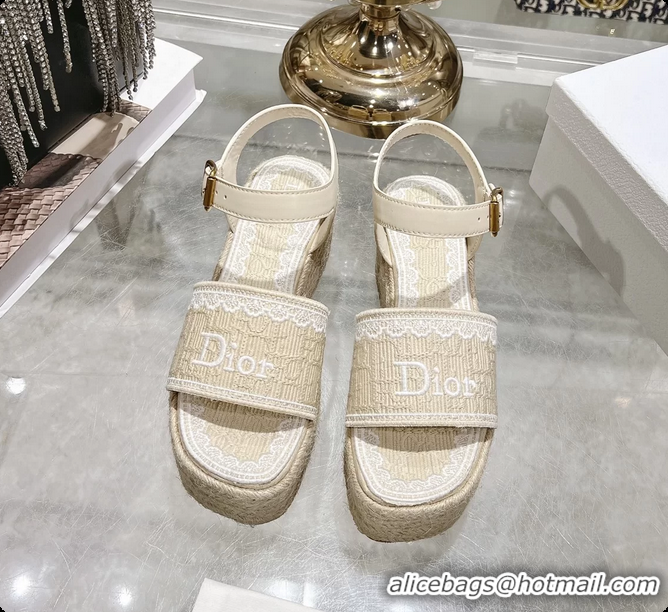 Grade Dior Dentelle Wedge Sandal Light Beige Dior Oblique Embroidered Cotton and White Lace 6062807