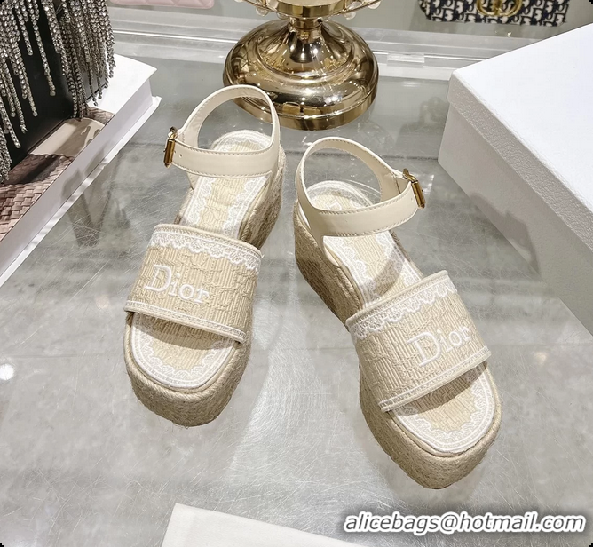 Grade Dior Dentelle Wedge Sandal Light Beige Dior Oblique Embroidered Cotton and White Lace 6062807
