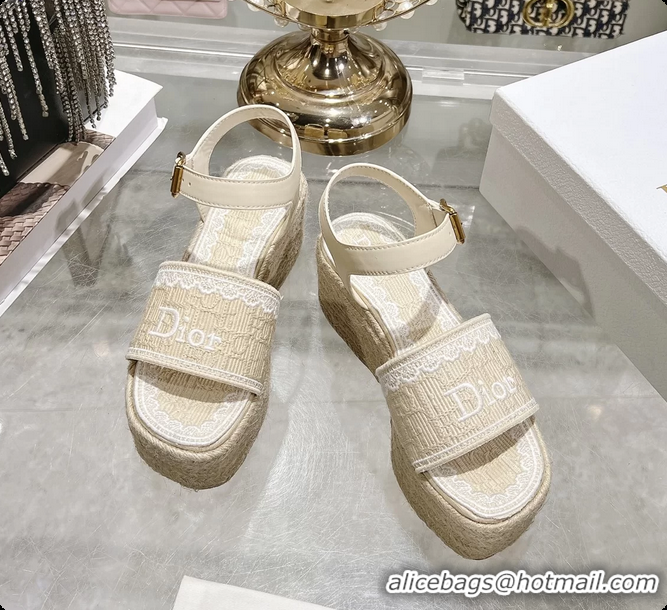 Grade Dior Dentelle Wedge Sandal Light Beige Dior Oblique Embroidered Cotton and White Lace 6062807