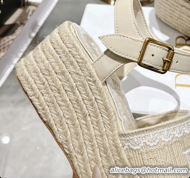 Grade Dior Dentelle Wedge Sandal Light Beige Dior Oblique Embroidered Cotton and White Lace 6062807