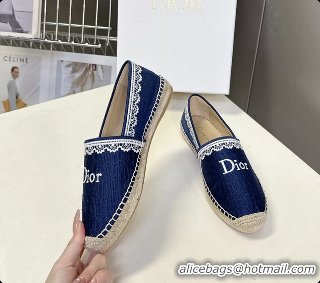 Luxurious Dior Granville Espadrille Flats Navy Blue Dior Oblique Embroidered Cotton 6063001