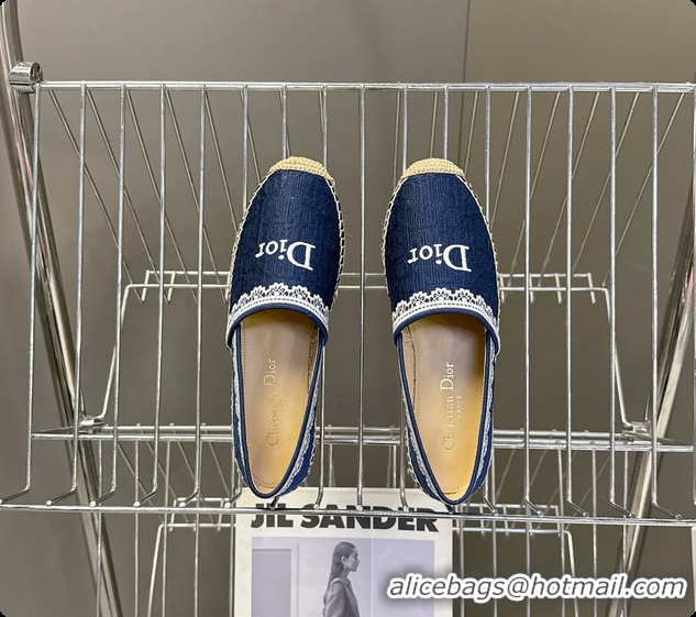 Luxurious Dior Granville Espadrille Flats Navy Blue Dior Oblique Embroidered Cotton 6063001