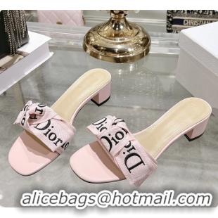 Unique Style Dior Jadior Heeled Slides Sandals Pink Embroidered Cotton 40MM 6063002