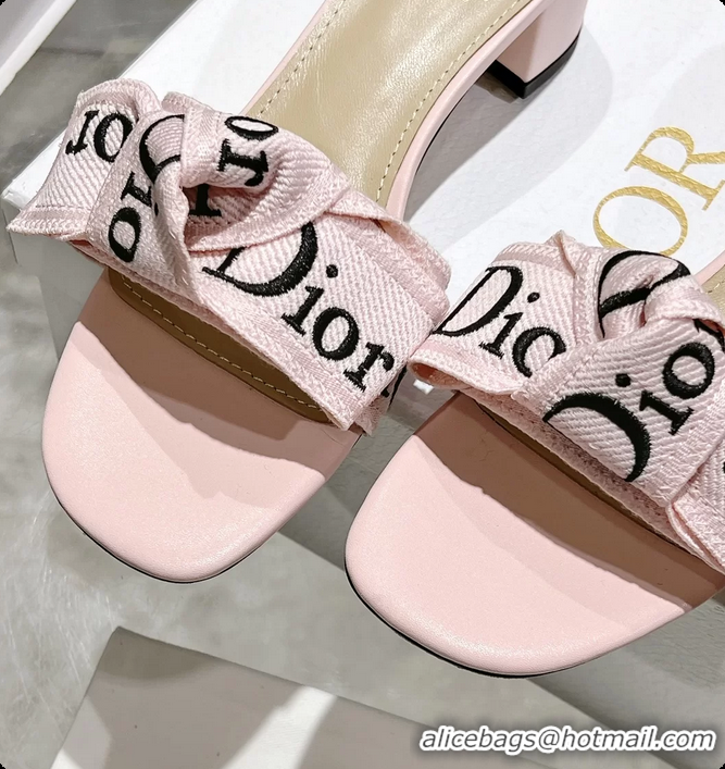 Unique Style Dior Jadior Heeled Slides Sandals Pink Embroidered Cotton 40MM 6063002