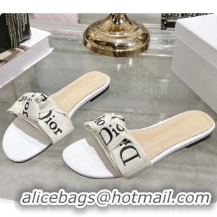 Durable Dior Jadior Flat Slides Sandals White Embroidered Cotton 6063003