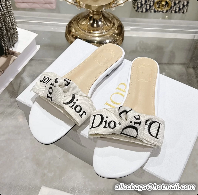 Durable Dior Jadior Flat Slides Sandals White Embroidered Cotton 6063003