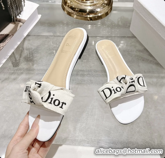 Durable Dior Jadior Flat Slides Sandals White Embroidered Cotton 6063003
