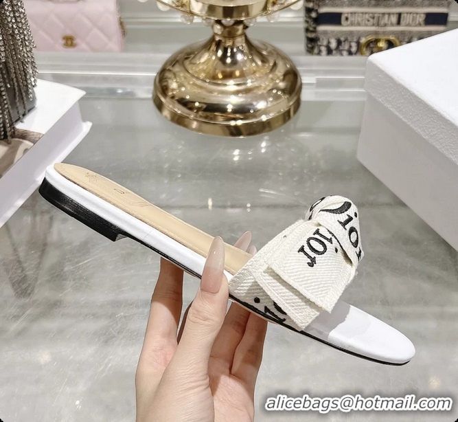 Durable Dior Jadior Flat Slides Sandals White Embroidered Cotton 6063003