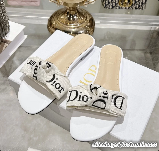 Durable Dior Jadior Flat Slides Sandals White Embroidered Cotton 6063003