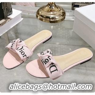 Shop Duplicate Dior Jadior Flat Slides Sandals Pink Embroidered Cotton 6063003